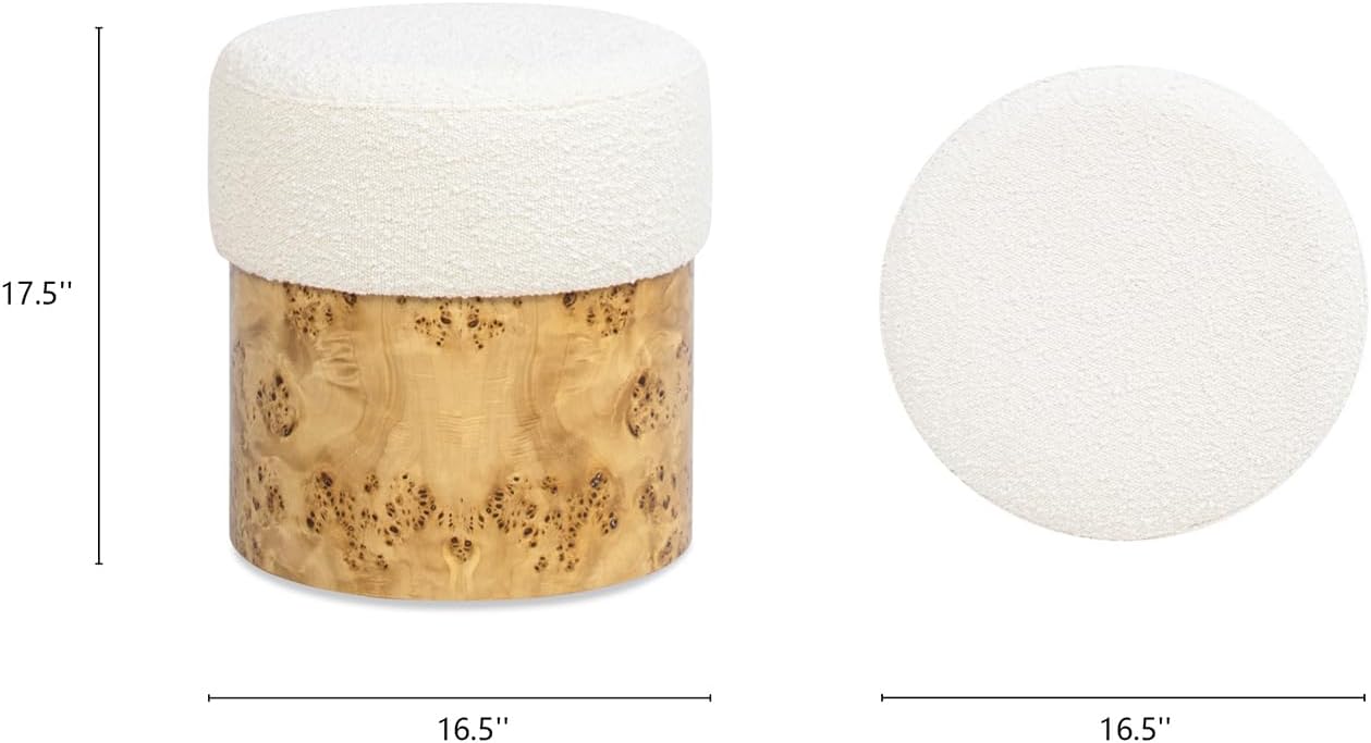 Nebula Round Burl Wood Upholstered Ottoman, Ivory White Boucle - Image 4