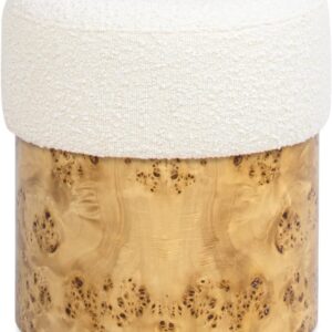 Nebula Round Burl Wood Upholstered Ottoman, Ivory White Boucle