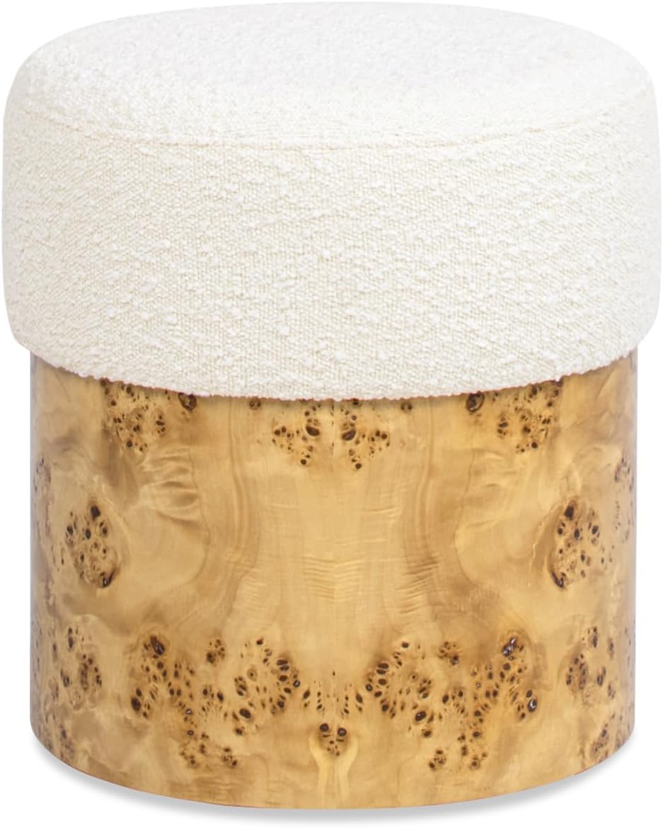 Nebula Round Burl Wood Upholstered Ottoman, Ivory White Boucle