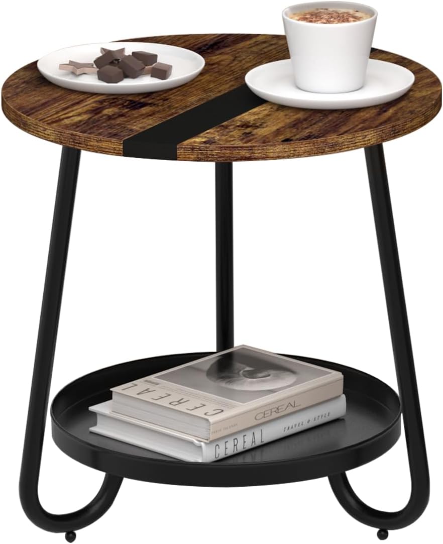 2-Tier Round Industrial Coffee Table, Metal & Wood, Small Rustic Table for Living Room, Bedroom, Balcony, or Patio - Image 5