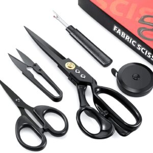 9" Heavy-Duty Fabric Scissors Set – Tailor Shears with Tape Measure, Thread Snips & Seam Rippers (Black)