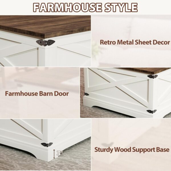 Lift-Top Square Coffee Table with Storage & Charging Ports, White Farmhouse Table for Living Room, 31.5" - Image 2