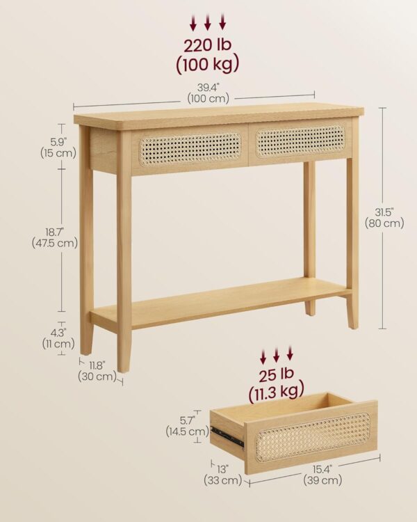 Boho Console Table, Narrow Entryway/Sofa Table with 2 Drawers & Open Shelf, Rounded Corners, Oak Beige - Image 5