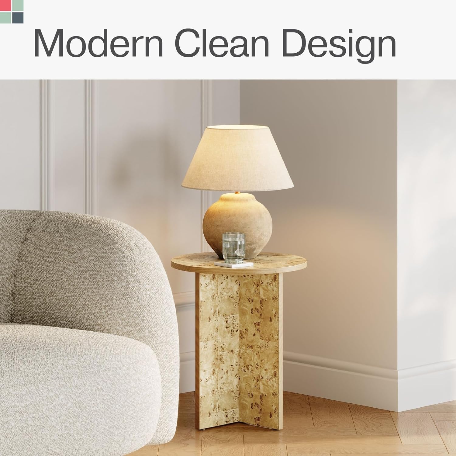 Round Burl Wood Side Table, 16" x 19.2", Lacquered Natural Finish with Solid Cross Base, Padded Feet – Accent Table/Nightstand - Image 5