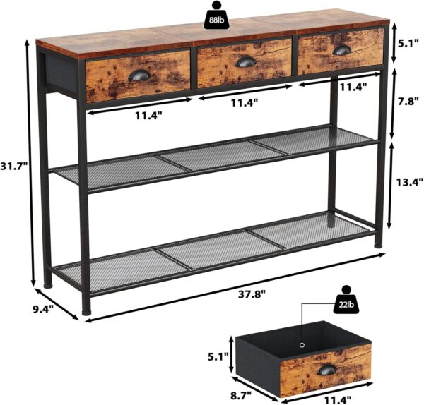 Entryway Console Table, 38" Sofa Table with 3 Fabric Drawers & Storage Shelves, Industrial Rustic Brown for Living Room, Hallway, Foyer - Image 3