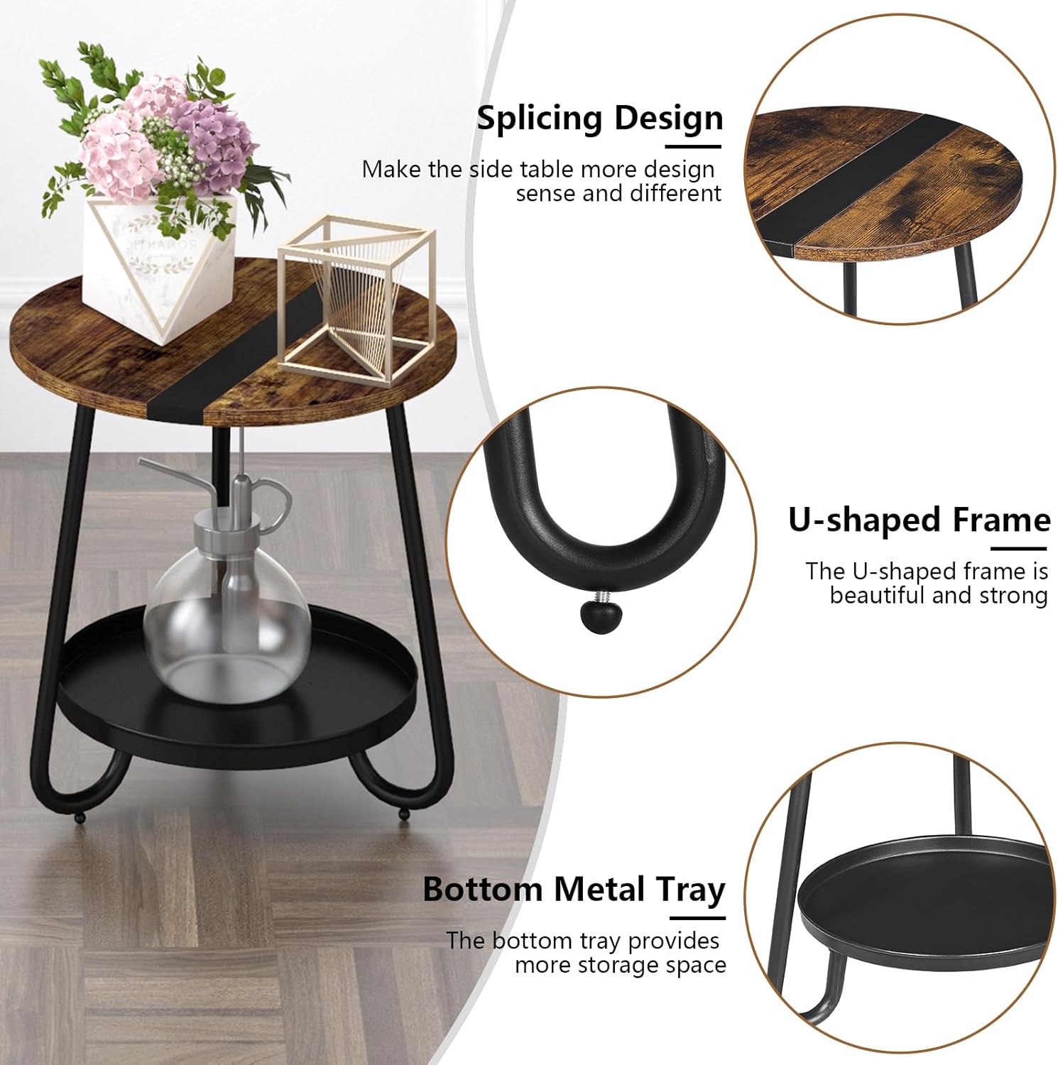 2-Tier Round Industrial Coffee Table, Metal & Wood, Small Rustic Table for Living Room, Bedroom, Balcony, or Patio - Image 2