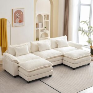 120" Modular Sectional Sofa with Ottoman, Chenille U-Shaped Sleeper Couch with Deep Seats & Throw Pillows, Beige White