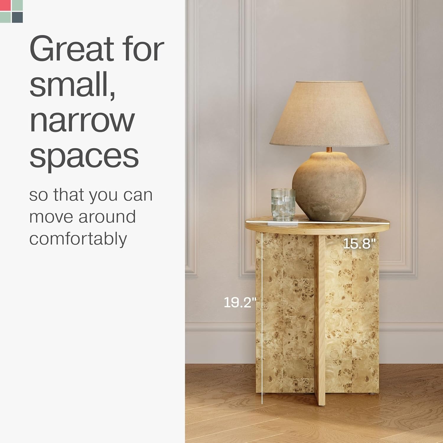 Round Burl Wood Side Table, 16" x 19.2", Lacquered Natural Finish with Solid Cross Base, Padded Feet – Accent Table/Nightstand - Image 4