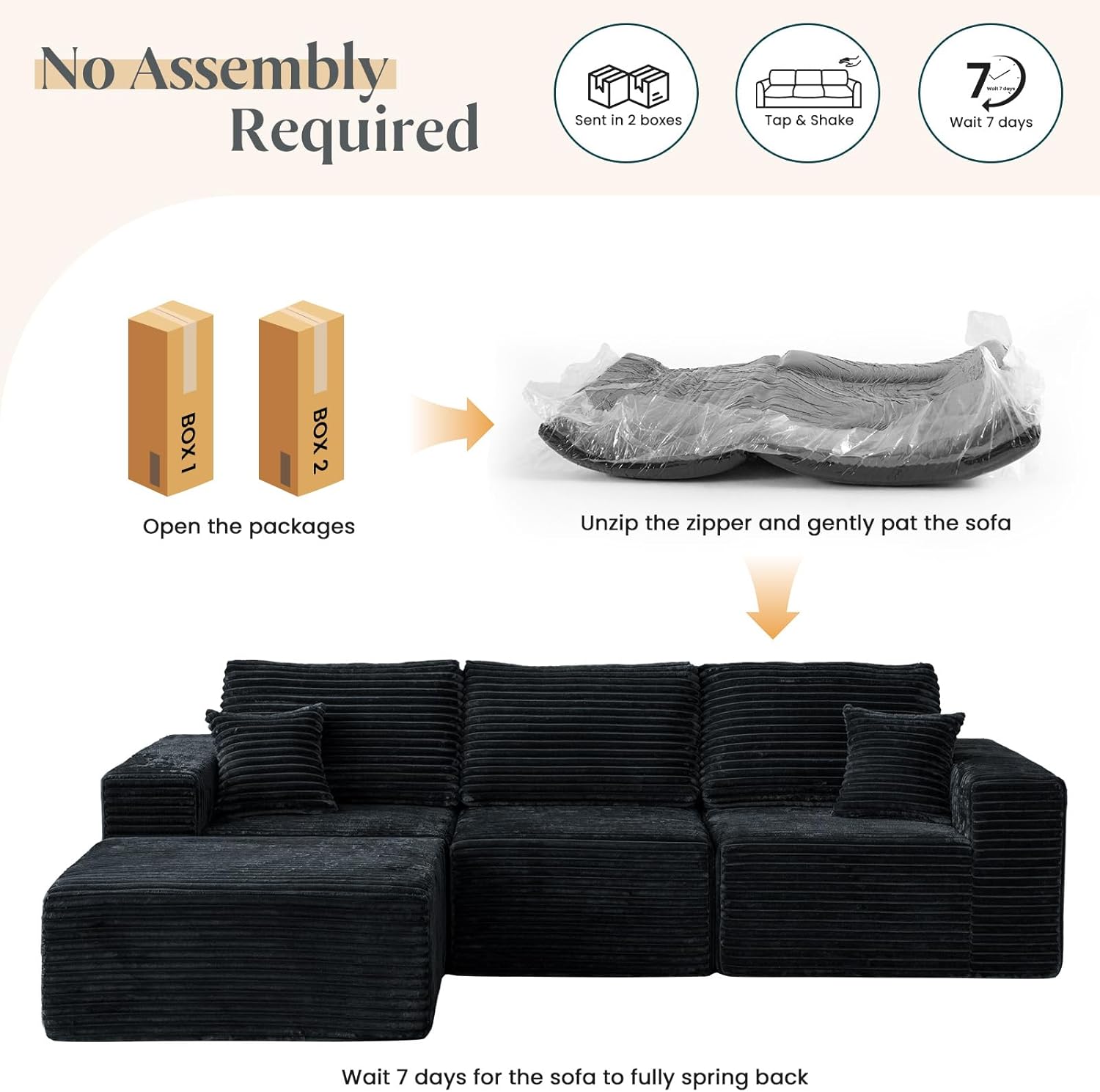 108" Modular L-Shaped Cloud Sofa with Chaise and Movable Ottoman, Deep Seat Memory Foam Couch, Black - Image 2