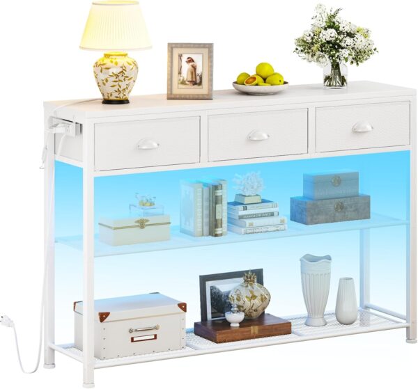 38" Console Table with 3 Drawers, Narrow Sofa Table with Lights & Outlets, 3-Tier Shelves for Entryway, Living Room, Foyer – White