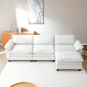 120" L-Shaped Modular Cloud Sofa with Ottoman, 3-Seat Deep Chenille Couch, Beige White