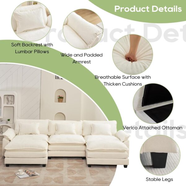 120" Modular Sectional Sofa with Ottoman, Chenille U-Shaped Sleeper Couch with Deep Seats & Throw Pillows, Beige White - Image 2