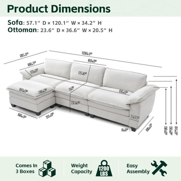 120" L-Shaped Modular Cloud Sofa with Ottoman, 3-Seat Deep Chenille Couch, Beige White - Image 4