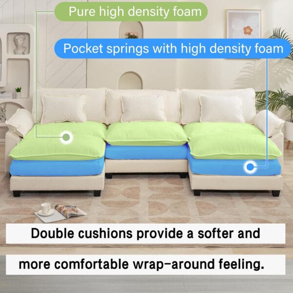 120" Modular Sectional Sofa with Ottoman, Chenille U-Shaped Sleeper Couch with Deep Seats & Throw Pillows, Beige White - Image 4