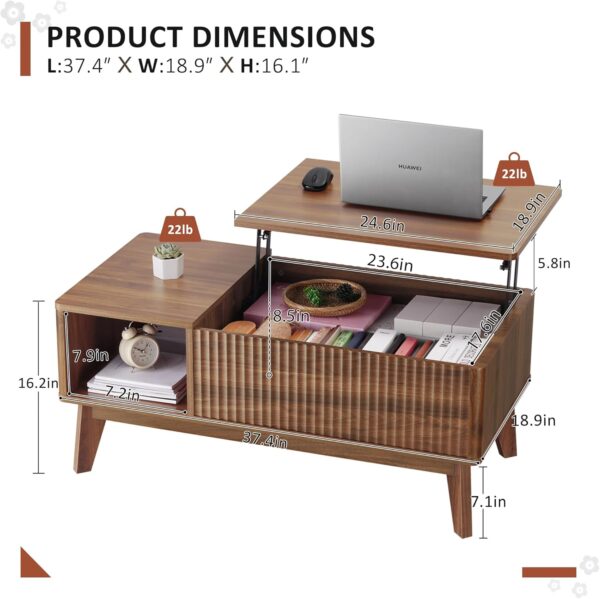 Fluted Lift-Top Coffee Table with Hidden Storage, Modern Walnut Center Table for Living Room or Office - Image 4