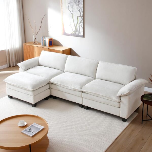 120" L-Shaped Modular Cloud Sofa with Ottoman, 3-Seat Deep Chenille Couch, Beige White - Image 5