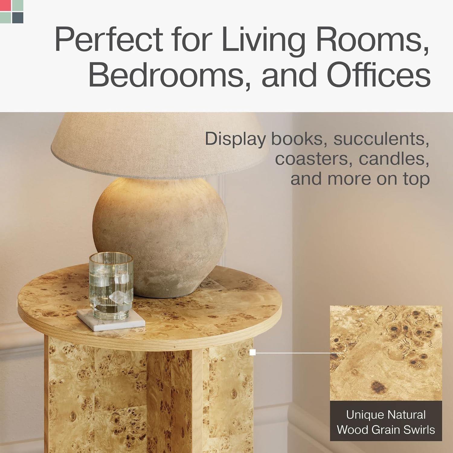 Round Burl Wood Side Table, 16" x 19.2", Lacquered Natural Finish with Solid Cross Base, Padded Feet – Accent Table/Nightstand - Image 2