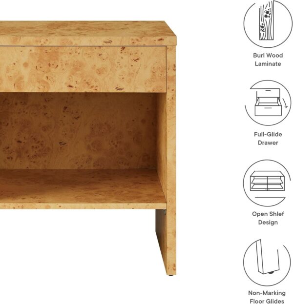 Burl Wood 1-Drawer Nightstand with Shelf in Natural - Image 2