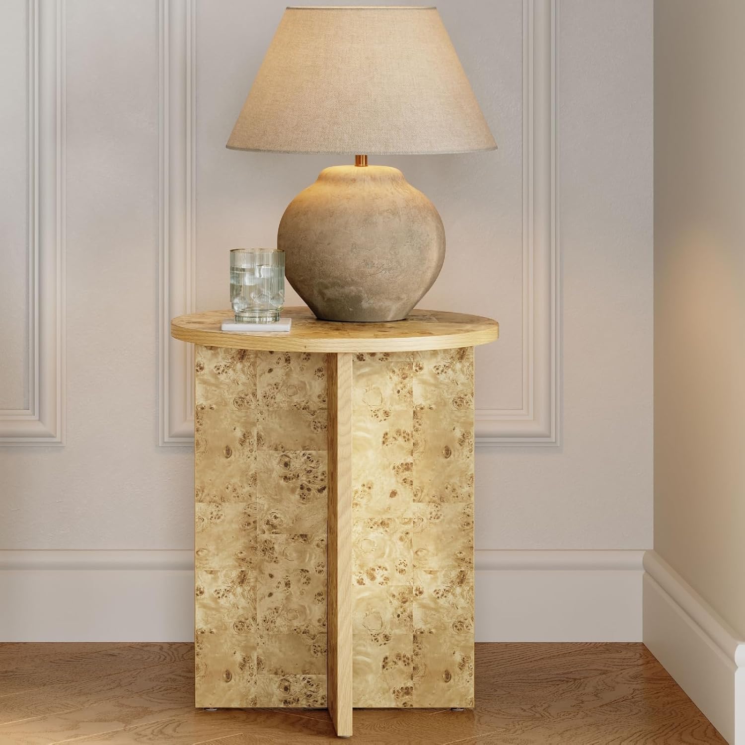 Round Burl Wood Side Table, 16" x 19.2", Lacquered Natural Finish with Solid Cross Base, Padded Feet – Accent Table/Nightstand