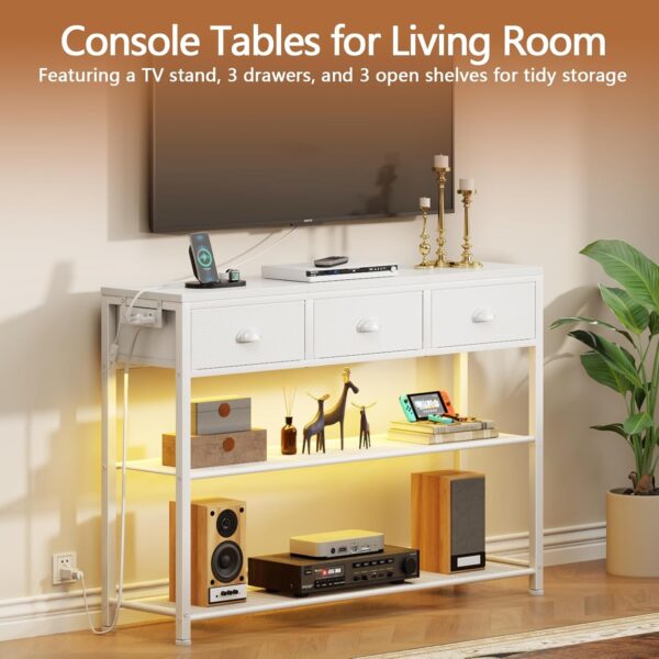 38" Console Table with 3 Drawers, Narrow Sofa Table with Lights & Outlets, 3-Tier Shelves for Entryway, Living Room, Foyer – White - Image 2