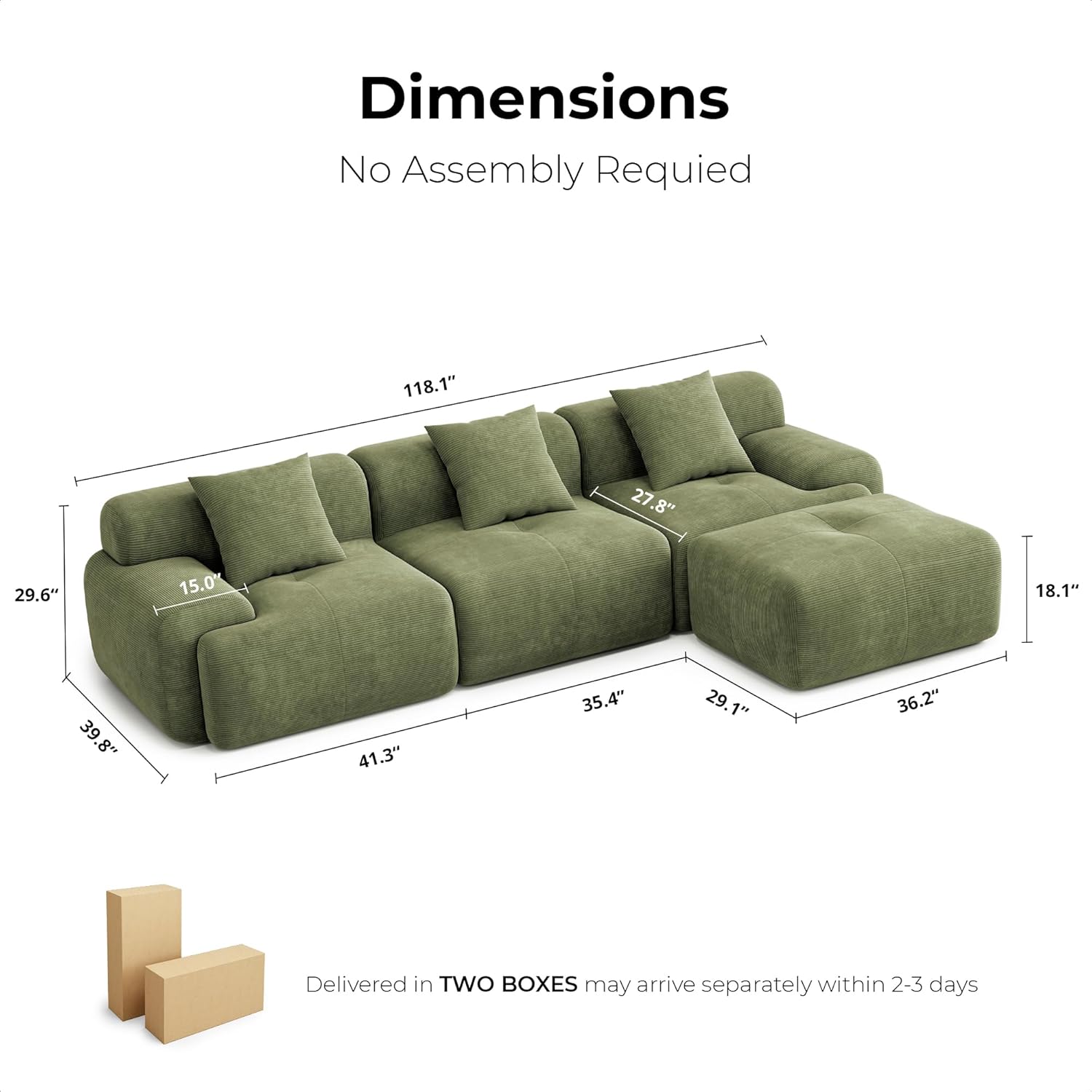 118" L-Shaped Modular Sectional Sofa, Oversized Corduroy Couch with Deep Seat & Movable Ottoman, Green - Image 5