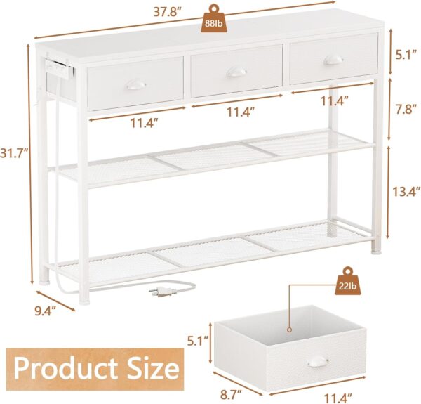 38" Console Table with 3 Drawers, Narrow Sofa Table with Lights & Outlets, 3-Tier Shelves for Entryway, Living Room, Foyer – White - Image 4