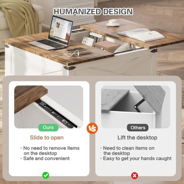 Lift-Top Square Coffee Table with Storage & Charging Ports, White Farmhouse Table for Living Room, 31.5" - Image 3
