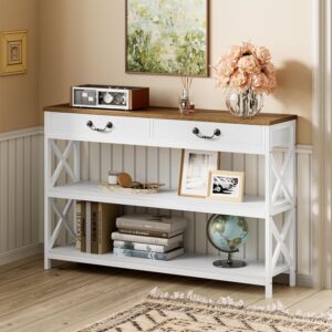 Farmhouse Console Table, Narrow Sofa Table with Drawer & 2 Shelves for Entryway, Living Room, Hallway, White/Walnut
