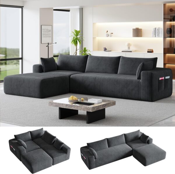 110" Modular L-Shape Sectional Sofa, Deep Seat Corduroy Sleeper Couch with Chaise, No Assembly, Dark Gray