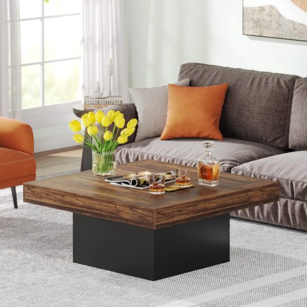 Farmhouse Square Coffee Table with LED, Low Rustic Wood Table for Living Room, Brown & Black - Image 2