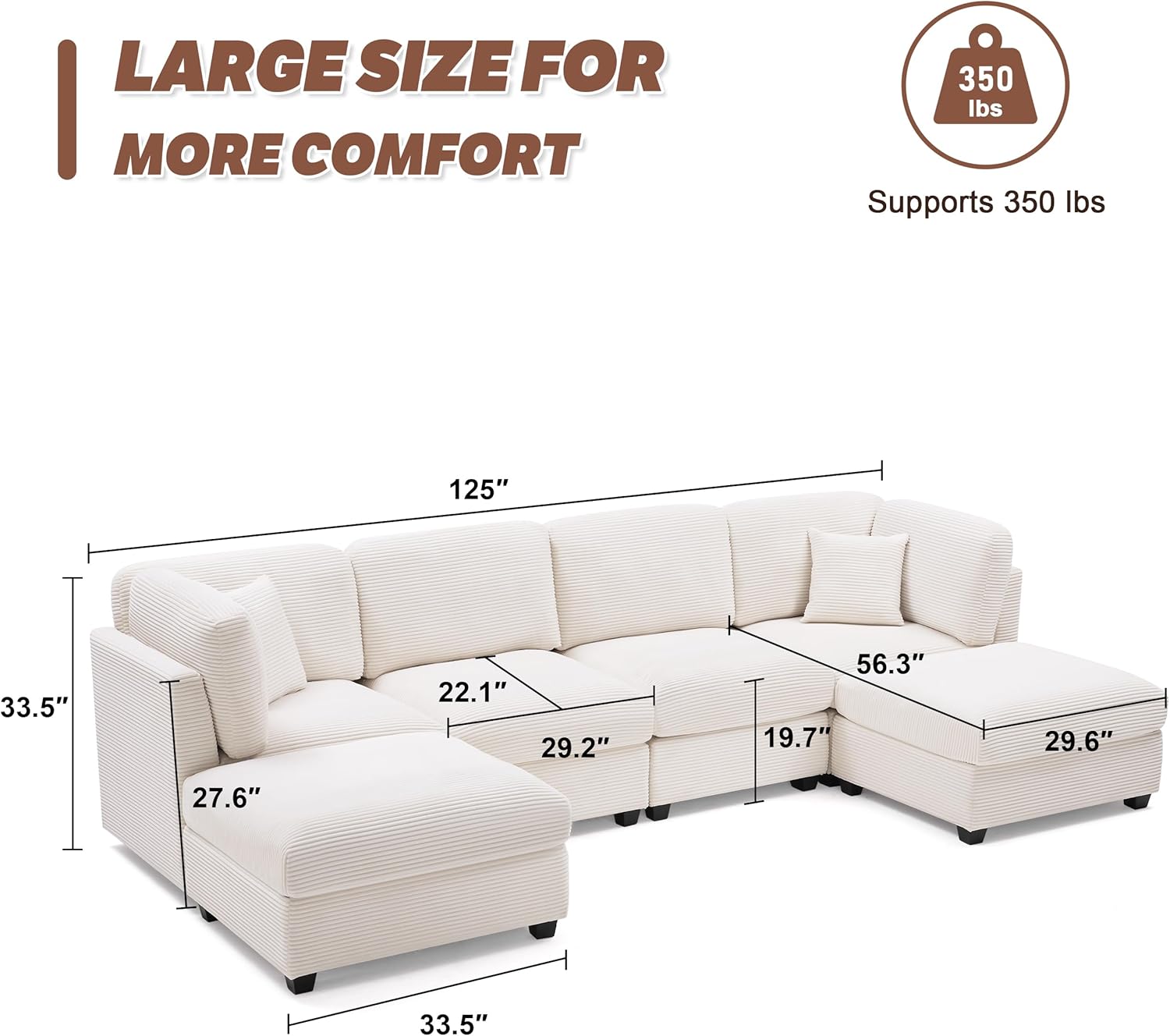 125" Oversized U-Shape Corduroy Sectional Sofa, 6-Seat Convertible Couch with Storage & Memory Foam, Beige - Image 3