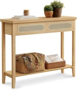 Boho Console Table, Narrow Entryway/Sofa Table with 2 Drawers & Open Shelf, Rounded Corners, Oak Beige