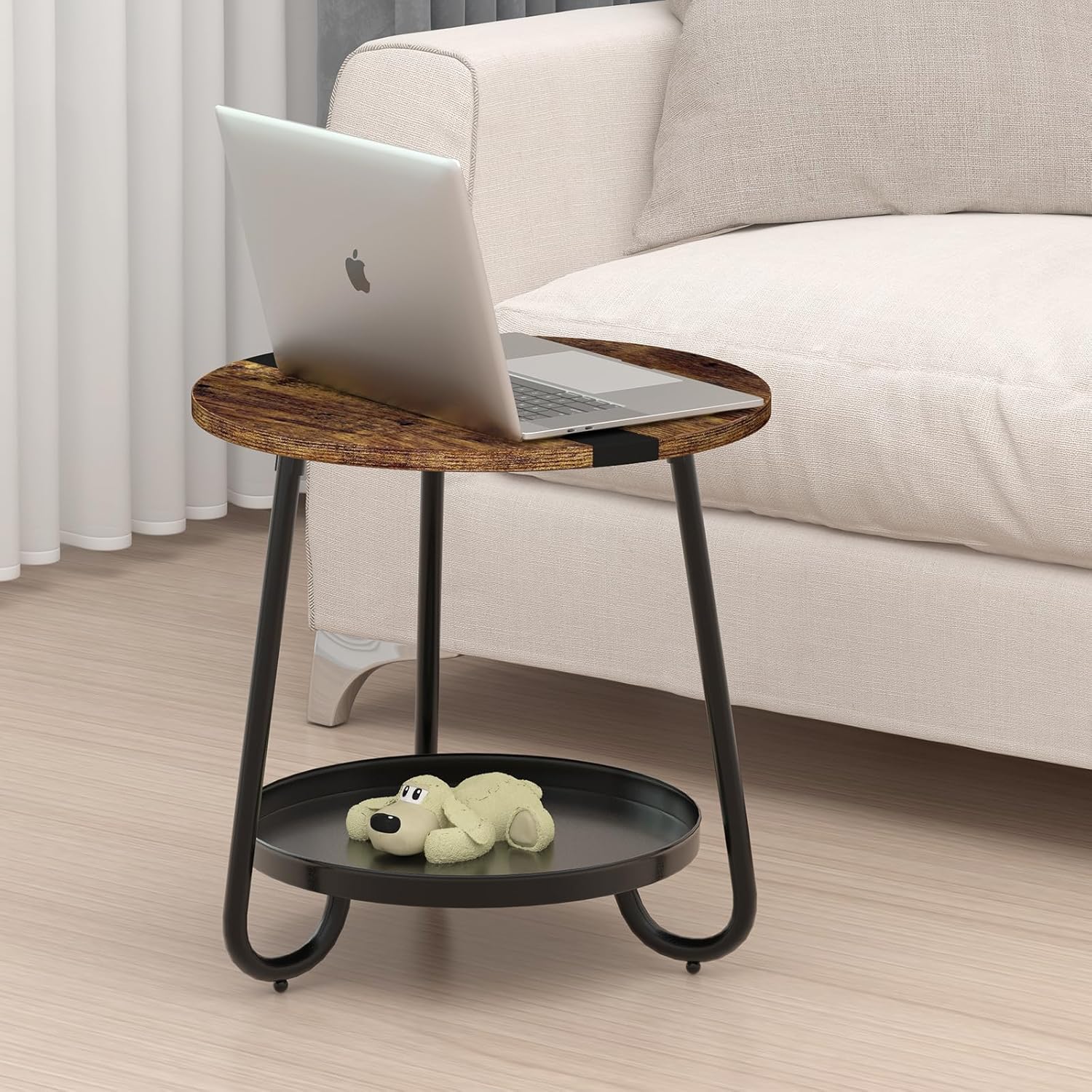 2-Tier Round Industrial Coffee Table, Metal & Wood, Small Rustic Table for Living Room, Bedroom, Balcony, or Patio