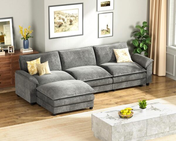 119" Modular L-Shaped Sofa with Reversible Ottoman, Chenille Deep Seat Couch for Living Room, Light Grey - Image 5