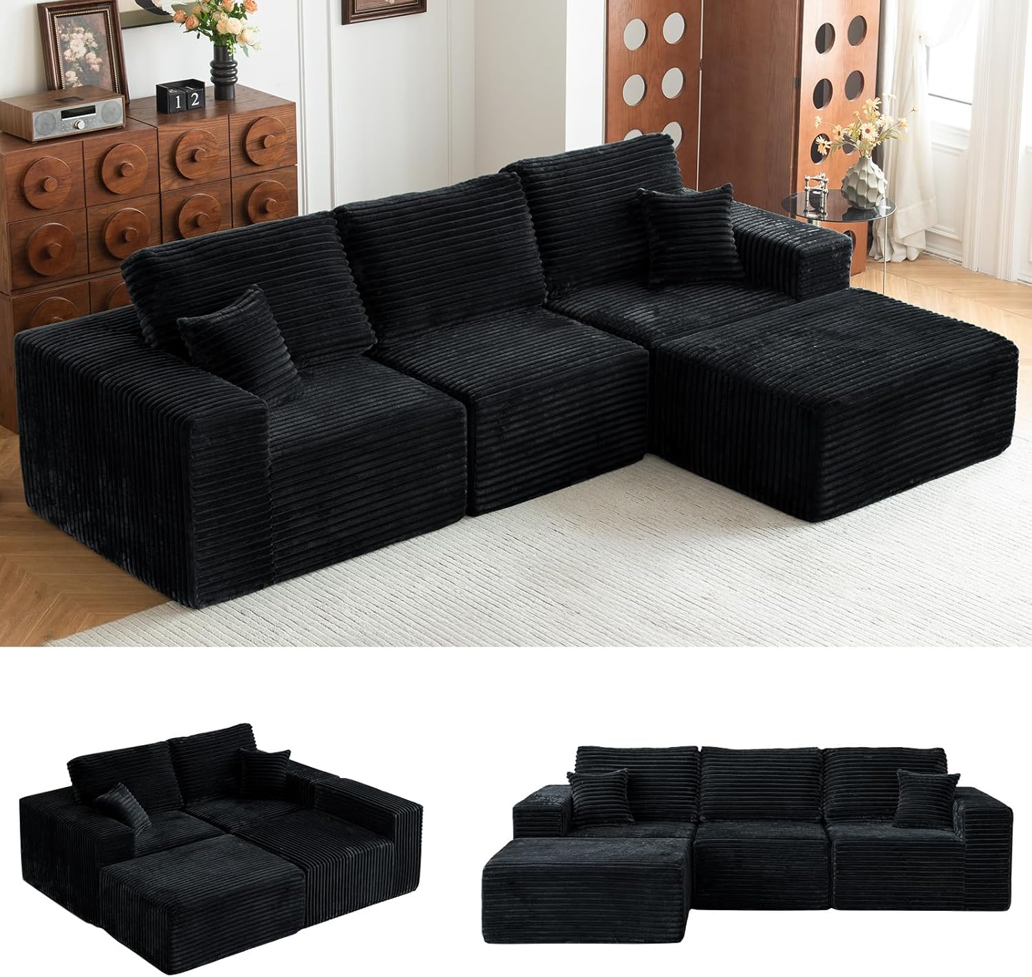 108" Modular L-Shaped Cloud Sofa with Chaise and Movable Ottoman, Deep Seat Memory Foam Couch, Black