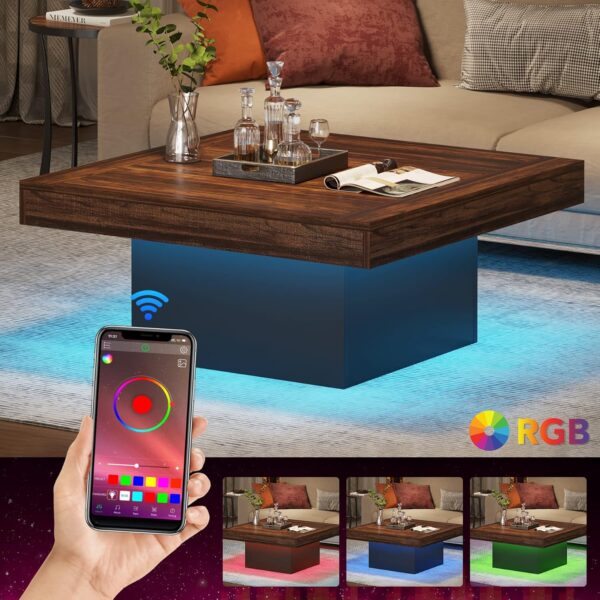 Farmhouse Square Coffee Table with LED, Low Rustic Wood Table for Living Room, Brown & Black - Image 3