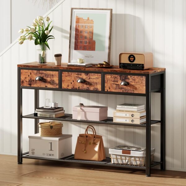 Entryway Console Table, 38" Sofa Table with 3 Fabric Drawers & Storage Shelves, Industrial Rustic Brown for Living Room, Hallway, Foyer