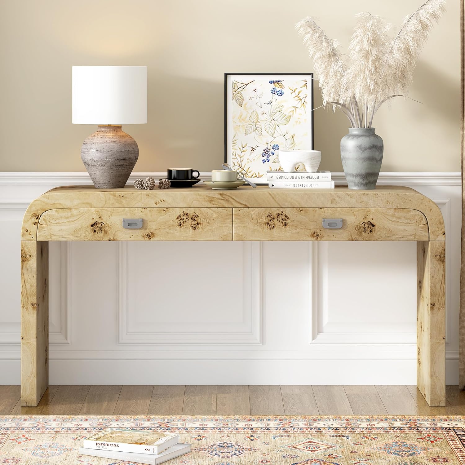 Farmhouse Entryway Table, Natural Wood Console with Burl Wood Veneer, 60"L x 15.7"W x 31.7"H - Image 5