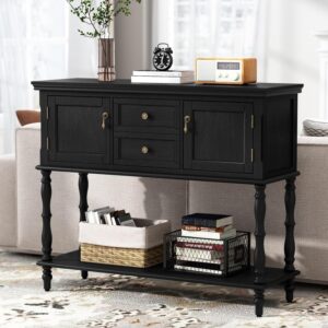 Console Table with 2 Drawers & 2 Door Cabinets, Open Shelf, Narrow Entryway Sofa Table for Living Room, Foyer, Hallway, Black