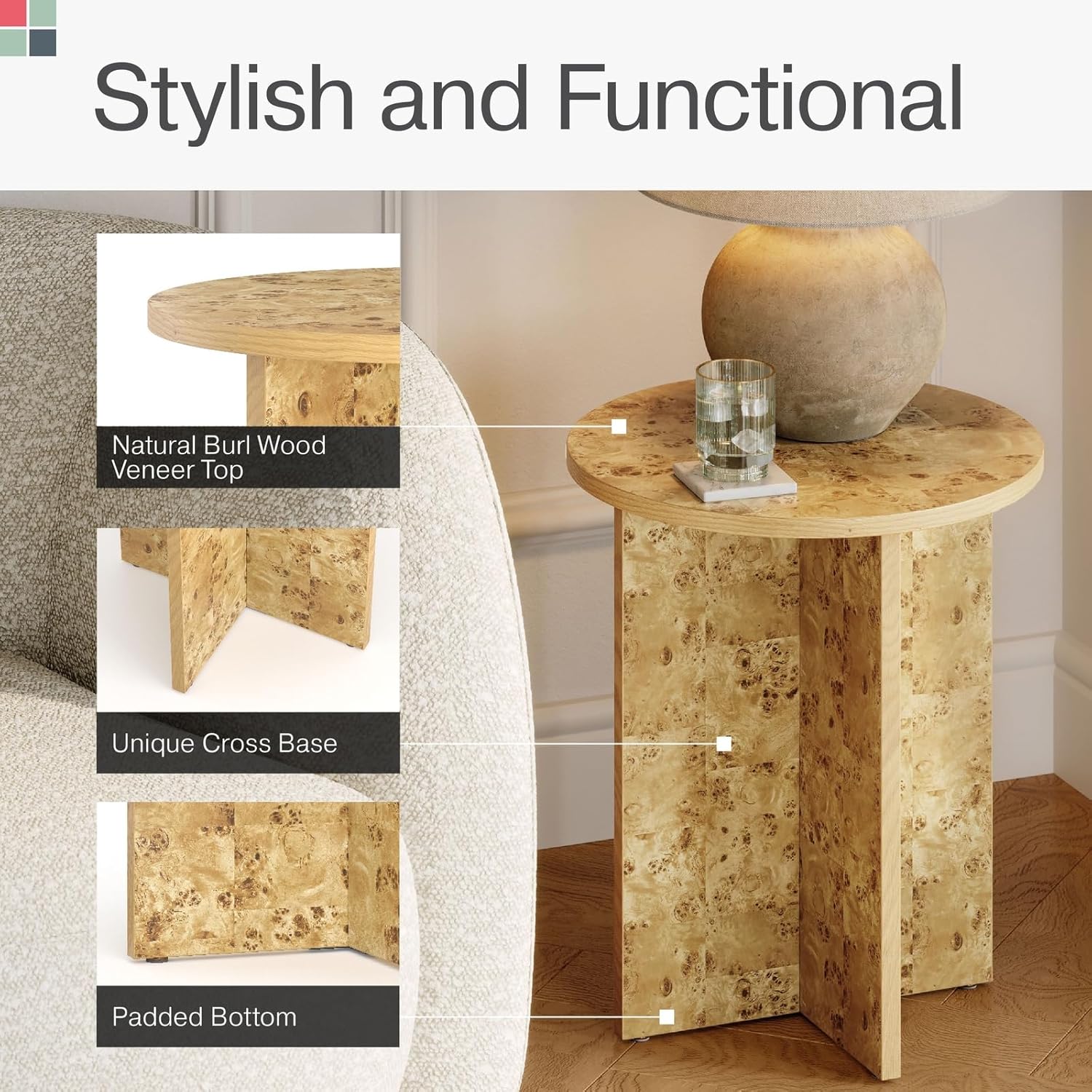 Round Burl Wood Side Table, 16" x 19.2", Lacquered Natural Finish with Solid Cross Base, Padded Feet – Accent Table/Nightstand - Image 3