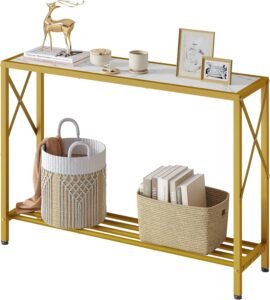 2-Tier Entryway Console Table, 41.8" Narrow Sofa Table with Shelves for Hallway, Living Room, Foyer, Office – Gold & White