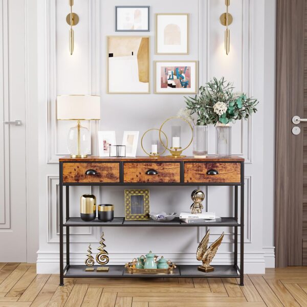 Entryway Console Table, 38" Sofa Table with 3 Fabric Drawers & Storage Shelves, Industrial Rustic Brown for Living Room, Hallway, Foyer - Image 4