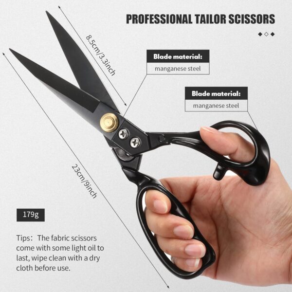 9" Heavy-Duty Fabric Scissors Set – Tailor Shears with Tape Measure, Thread Snips & Seam Rippers (Black) - Image 4