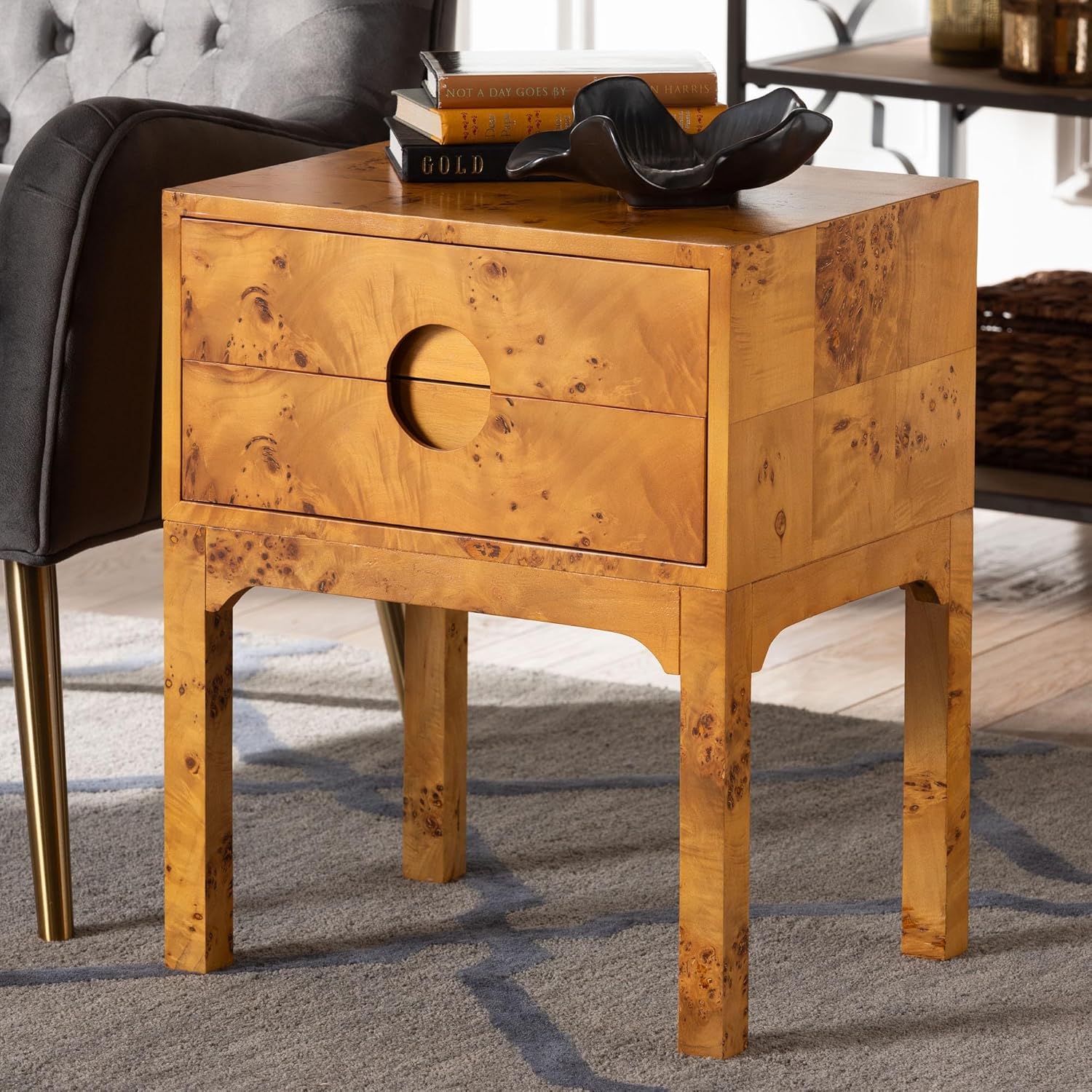 Modern and Contemporary Real Mappa Burl Wood 2-Drawer Nightstand