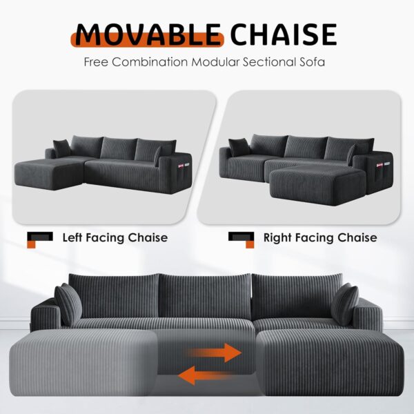 110" Modular L-Shape Sectional Sofa, Deep Seat Corduroy Sleeper Couch with Chaise, No Assembly, Dark Gray - Image 5