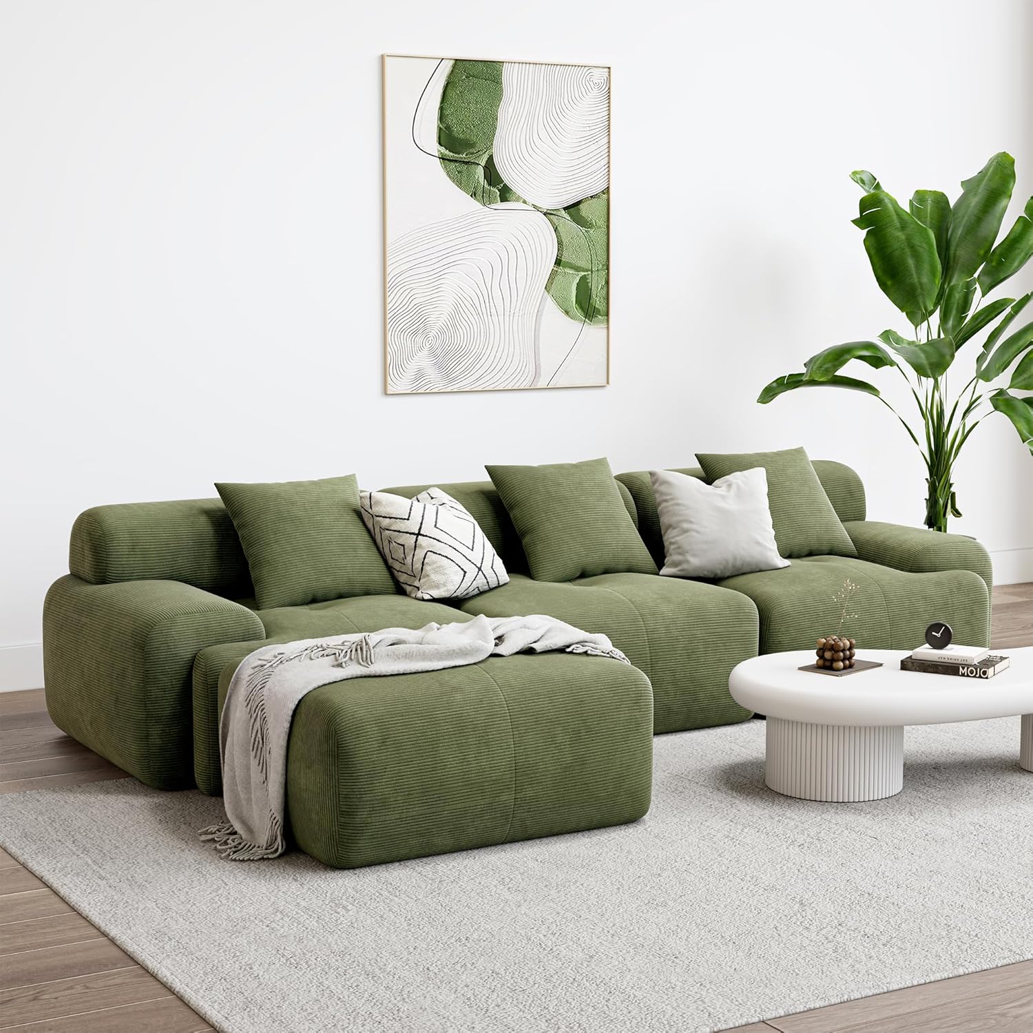 118" L-Shaped Modular Sectional Sofa, Oversized Corduroy Couch with Deep Seat & Movable Ottoman, Green