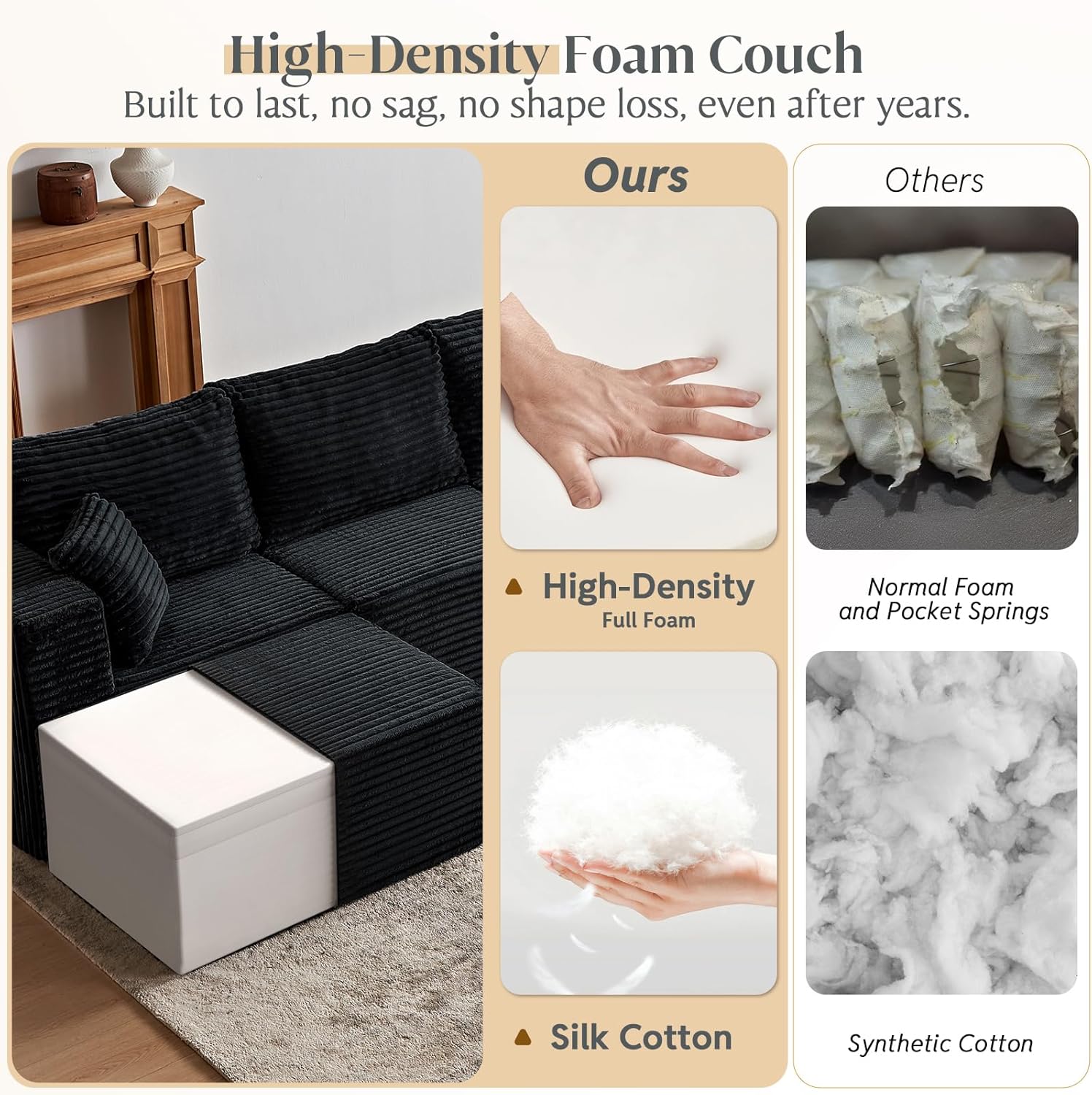 108" Modular L-Shaped Cloud Sofa with Chaise and Movable Ottoman, Deep Seat Memory Foam Couch, Black - Image 4