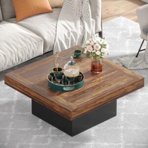 Farmhouse Square Coffee Table with LED, Low Rustic Wood Table for Living Room, Brown & Black