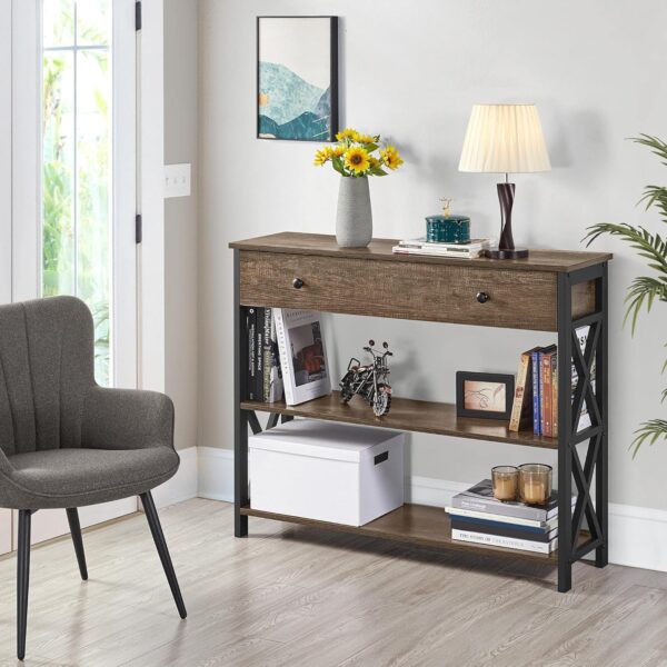 Console Table with Drawer & 2 Open Shelves, 3-Tier Narrow Entryway/Sofa Table, X-Design, Taupe Wood - Image 4