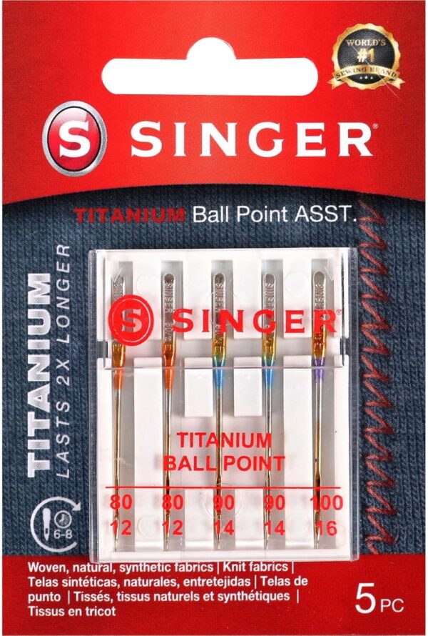 Titanium Ball Point Sewing Needles – 5-Pack Universal Needles for Knit Fabrics, Assorted Sizes
